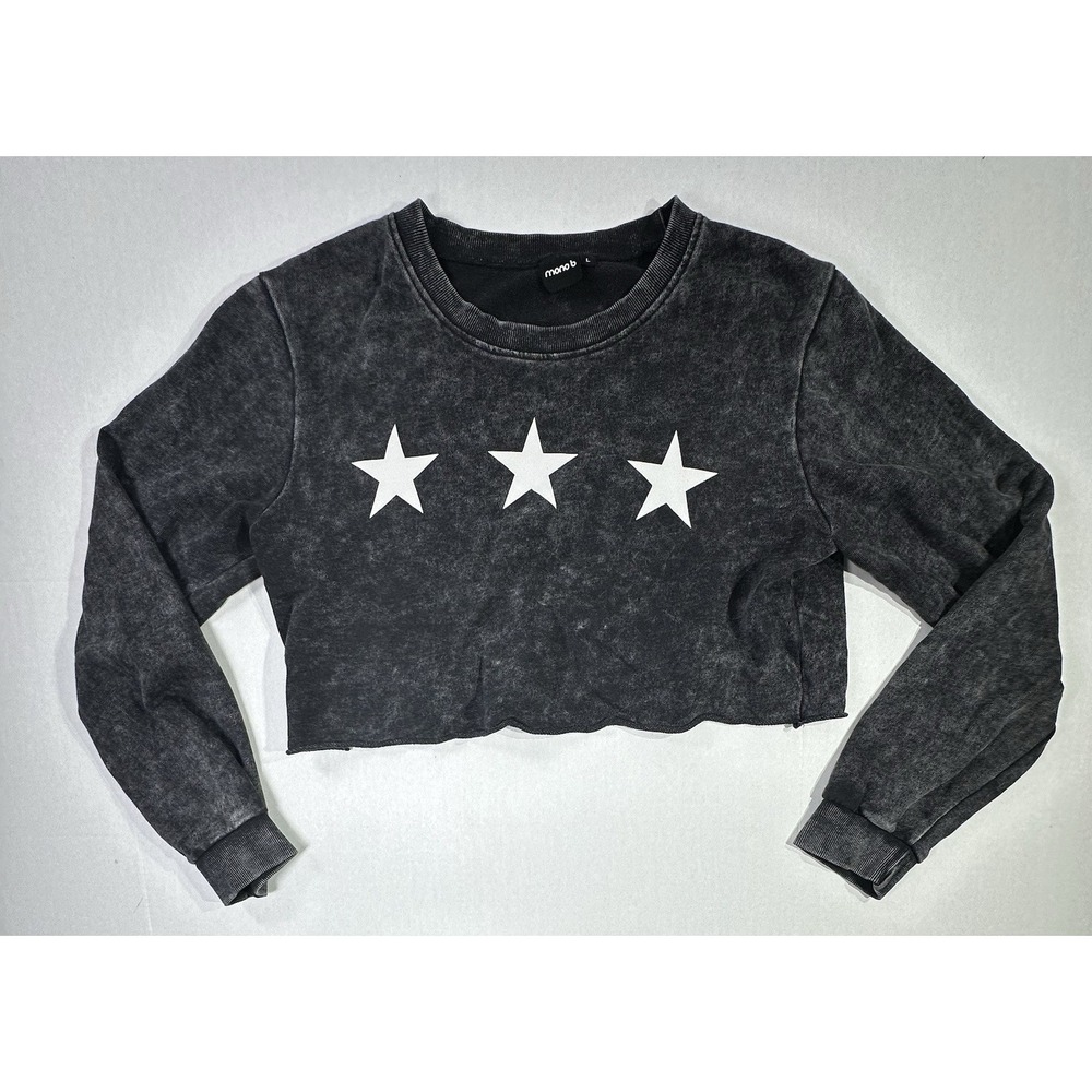 Mono B Crop Sweatshirt Top Womens Small Black Acid Wash 3 Stars